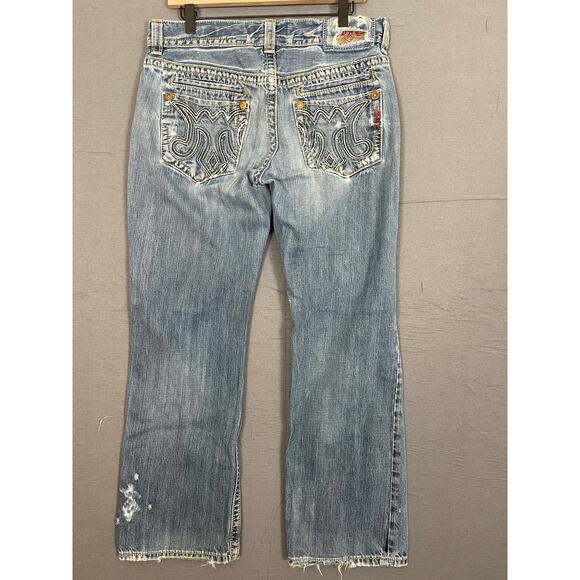 MEK Denim Blue Jeans Grand Island Distressed Button Flap Pockets 32x32 - Picture 2 of 10